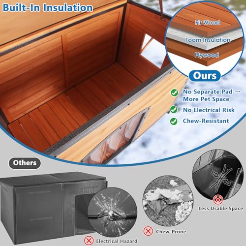 Outdoor Insulated Wooden Dog House Weatherproof Chew Resistant Metal Frame (43.3"Length)