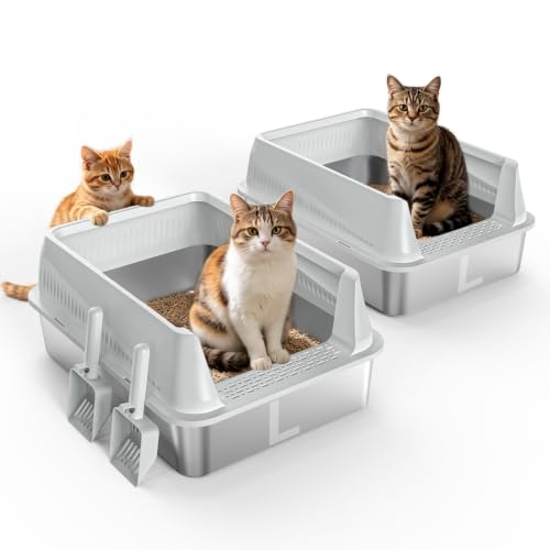 Stainless Steel Litter Box 2 Pack Metal Cat Litter Boxes with Lid (Silver Grey / Large)