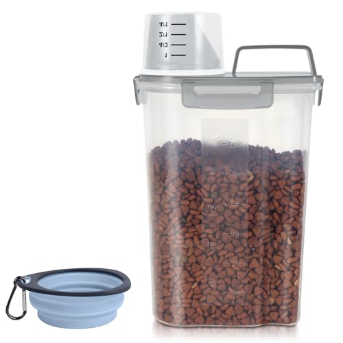 3-5Lbs/3Qt Dog Cat Food Storage Container With Foldable Bowl., Plastic Pet Food Dispenser for Small Animal Kibble/Pet Food/Bird Seed/Oatmeal/Rice/Flour/Brown Sugart/Cereals (Clear Grey) (Clear Grey / 3L-1pack)