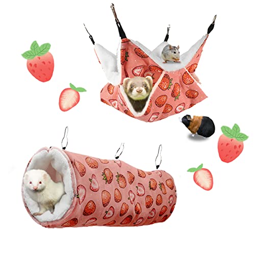 Guinea Pig Rat Ferret Hammock and Warm Bed Small Pet Hideout Tunnel Cave Hanging Bunkbed Hammock Cage Toy for Hamster Sugar Glider Squirrel (1.Hammock & Tunnel)