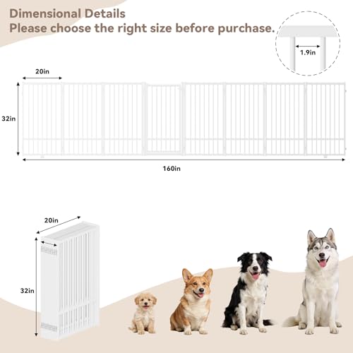Full Metal Freestanding Dog Gate with Door (【8 Panels】160"W*32H" / White)