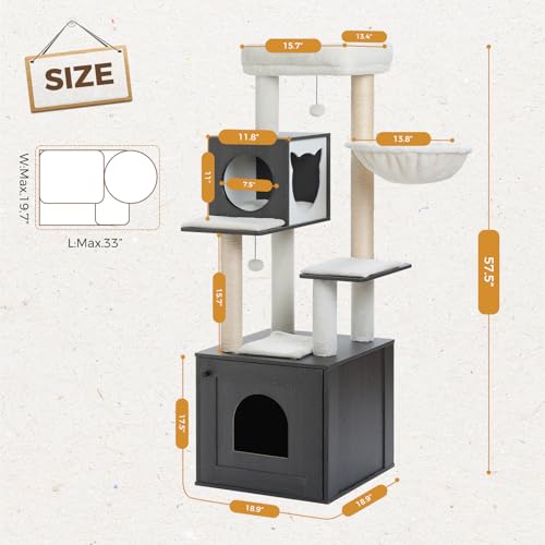 57.5" Cat Tree with Litter Box Enclosure (Black / XL(18.9"L x 18.9"W x 57.5"H))