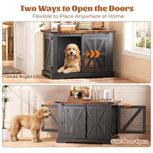 43.3" Dog Crate Furniture with Sliding Doors for Large Dogs Up to 55 lbs (Black / 43.3"L x 31.5"W x 37.2"H)