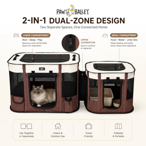 2-in-1 Dual-Zone Pet Playpen for Cats & Small Dogs, Portable Indoor Outdoor Pet Enclosure with Connected Rest & Feeding Areas, Foldable Pet Tent with Carrying Bag (Brown / Medium (2-IN-1))