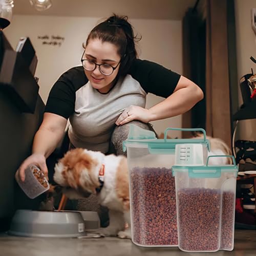 2Pack Cat Dog Food Storage Container with Upgraded Large Nozzle BPA (Clear blue-green / (5L+3L) 2pack)