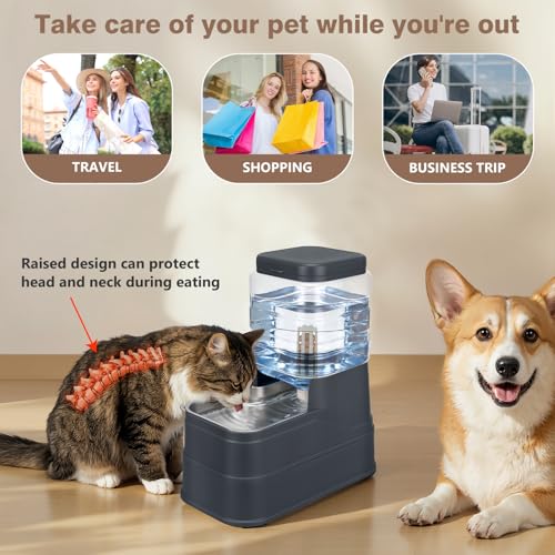 1.1 Gallon Pet Automatic Dog Water Dispenser Cat Gravity Waterer Feeder with Stainless Steel Bowl 8L Large Capacity Puppy Feeding Raised Bowls with Filter (Charcoal Gray / 4L(1.1 Gallon))