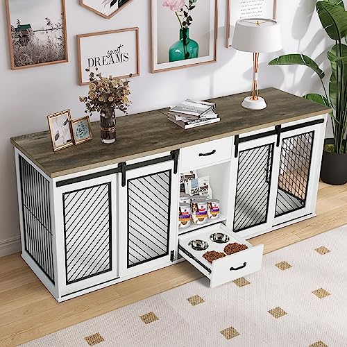 85" XXL Heavy Duty Wooden Double Dog Crate Furniture for Large Dogs Divided (85.0"L x 24.0"W x 33.0"H / White)