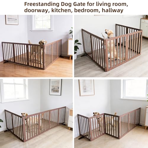 Freestanding Indoor Dog Gate for House Foldable Wood Puppy Gate for Doorways Pet Gate for Stairs Extra Wide Pet Fence (Brown / 【6 Panels】120''w x 24''h)