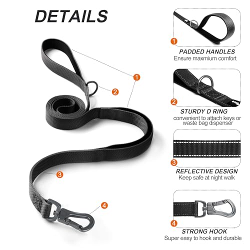 5FT 1IN Strong Black Dog Leash with 2 Padded Handles (Black / 1 in x 5 ft)
