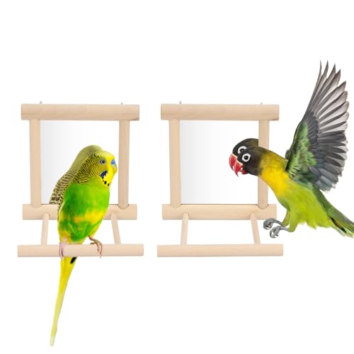 Bird Mirror with Perch for Parakeet Cage Bird Toys (2pcs-Wood color)
