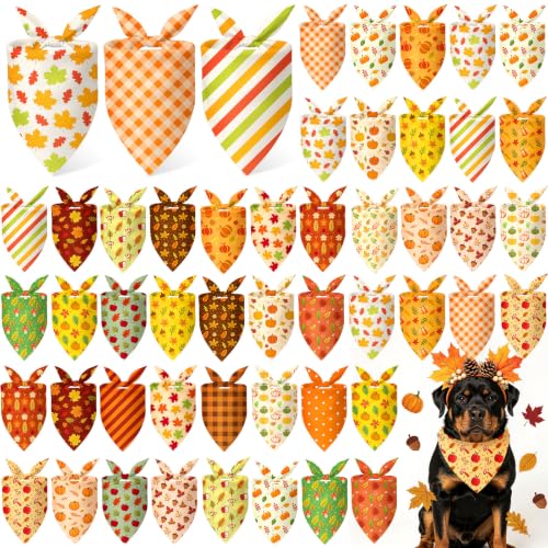 50 Pcs Fall Dog Bandanas Bulk Autumn Pumpkin Maple Leaves Pattern (31.5 x 21.7 x 21.7 Inch / Fall)