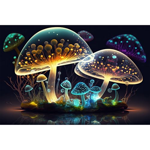 Mushroom Aquarium Background Abstract Glowing Fantasy Mushrooms Terrarium Background Mysterious Forest Magical Night In Circle Shape Crystal Glass Fish Tank Backdrop Decorations Vinyl 24x12in (24(W)x12(H)in / Light Orange)