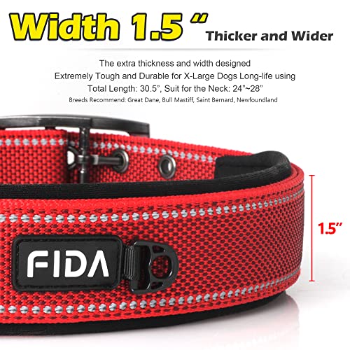 Heavy Duty Dog Collar for Large Dogs with Metal Belt Buckle (X-Large(24"-28") / Red)