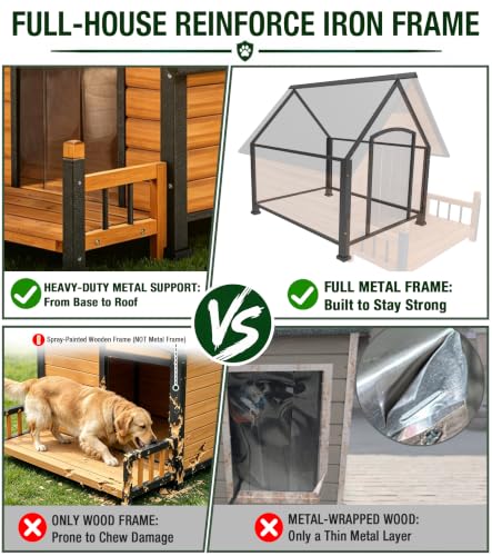 Extra Large Heated Dog House Outdoor with Iron Frame and Heating Pad