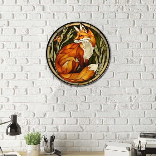 Metal Sign Tin Sign Circular Stained Glass Red Fox Wall Art for Bar 8×8 Inches (8×8 Inches / Red Fox-2)