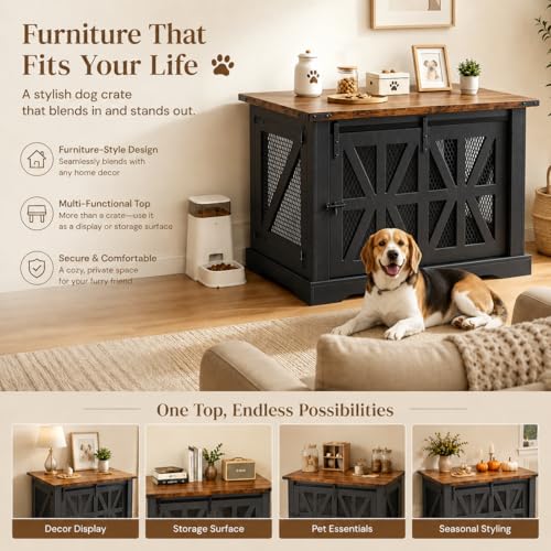 40" Dog Crate Furniture with Sliding Doors for Medium Dogs Up to 45 lbs (Black / 40"L x 29"W x 34.3"H)