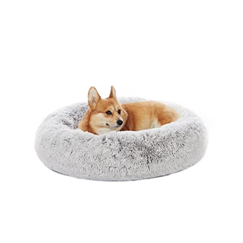 Calming Fluffy Donut Dog Bed for Medium Dogs (30.0"L x 30.0"W x 8.0"Th / Light Grey)