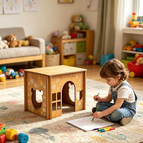 Large Sturdy Wooden Rabbit Castle Hideout with Spacious Balcony (Brown Style 2 / Medium)