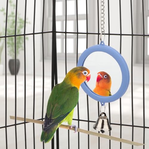 Bird Mirror Toy with Bell Interactive Parrot Hanging Mirror (BLUE)