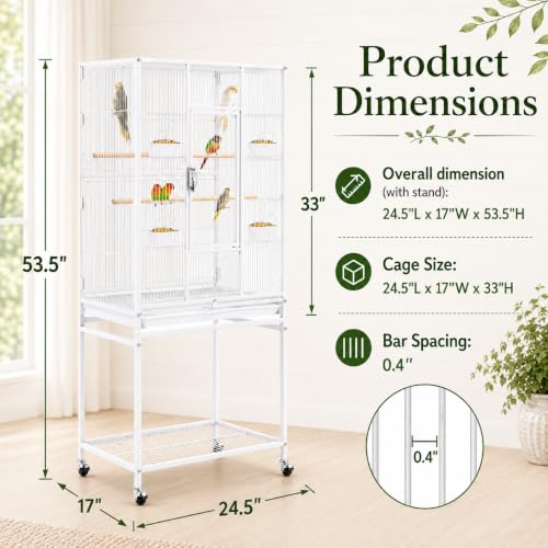 54" Large Flight Bird Cage for Parrots Macaw Cockatiels Sun Parakeets Lovebird Green Cheek Conures African Grey Small Quaker Amazon Parrots with Rolling Stand (White)