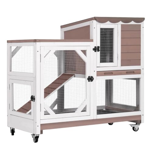 Rabbit Hutch Indoor Rabbit Cage with Wheels Outdoor Bunny House 2 Story Guinea Pig Cage with Leakproof Tarp Roof (Brown)