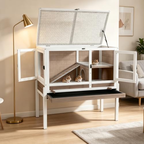 2 Story Indoor Rabbit Hutch Guinea Pig Cage with Stand (White & Brown)