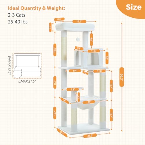 56.3" Cat Tree for Indoor Cats Large Adult with Hammock (White / 56 Inches)