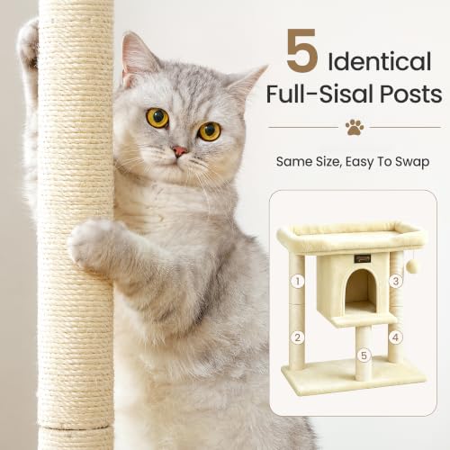 Cat Tree Tower Scratching Post for Indoor Large Adult Cats with Perch Bed (Beige / 28 Inches)