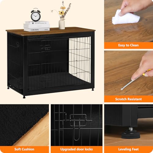 38.5" XL Dog Crate Furniture with Cushion (Black+Warm Brown / 38.5"L x 25.6"W x 26.8"H)