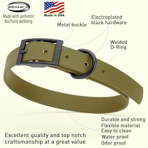 Biothane Waterproof Dog Collar Strong Coated Nylon Webbing with Black Hardware Odor (W3/4" x L15-18" / Olive Drab Green)