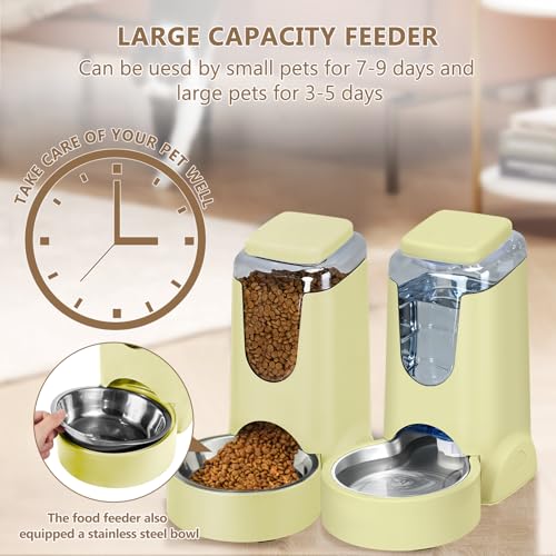 Portable Automatic Cat Feeder and Water Dispenser with Stainless Steel Bowl Dog Gravity Food Feeder and Waterer for Small Medium Pets Puppy Kitten 1 Gallon x 2 (Cream Yellow)