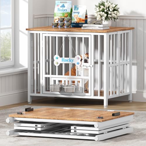 31" Dog Crate Furniture Foldable (White & Beech / 31.5"L x 23.6"W x 26.6"H)