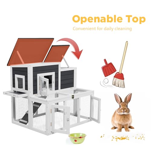 Outdoor Rabbit Hutch Wooden Bunny Cage for Small Animals (Gray+Black)