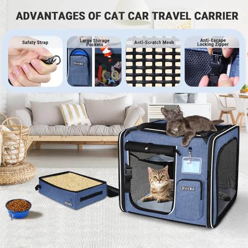 Combinable Large Cat Car Travel Carrier with Litter Box (Blue-1 / 19.0"L x 17.0"W x 18.0"H)