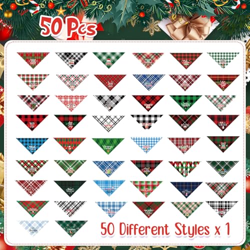 50 Pcs Christmas Plaid Dog Bandanas for Large Small Dog (Christmas Plaid Dog)
