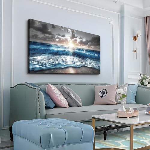 Canvas Wall Decor For Office Large Wall Art For Living Room Blue Beach Painting Sea Waves Sunshine Wall Pictures Bedroom Home Decorations Prints Posters Mural Artwork Ready To Hang (48"L x 24"W / Sea Sunshine Waves Pictures)