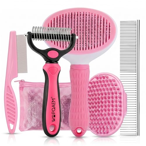 5-in-1 Dog Grooming Kit with Self Cleaning Brush & Rake, Pink (Pink)