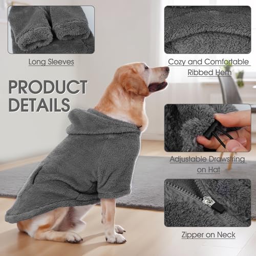Fuzzy Dog Sweater with Adjustable Hood & Harness Hole (Large / Grey)