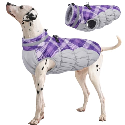 Dog Cold Weather Coats Reflective Dog Warm Jacket with Harness (Purple Plaid / XL(chest:30in）)