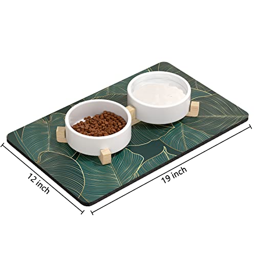 Dog Food Mat 12" x 19" Flower Absorbent Dog Cat Bowl Mat for Food and Water (Tropical Palm Leaves / 12"L x 19"W)