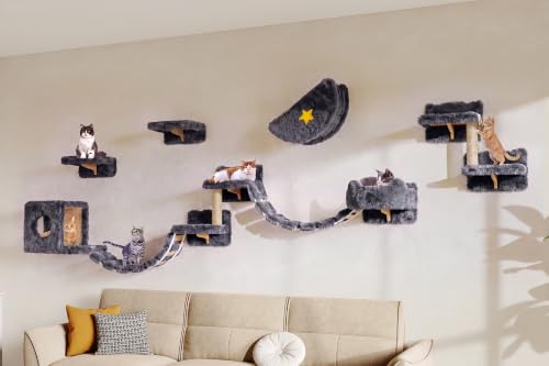 13-in-1 Cat Wall Shelves, Moon & Bridge Cat Wall Furniture, Grey (Grey / 13-in-1)