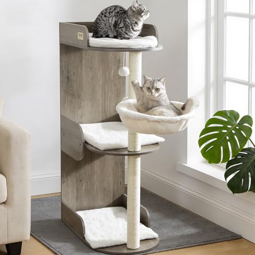 44.8in Modern Wood Cat Tree Tower for Indoor Large Cats with Perch (Greige 2 / 44.8 Inches)