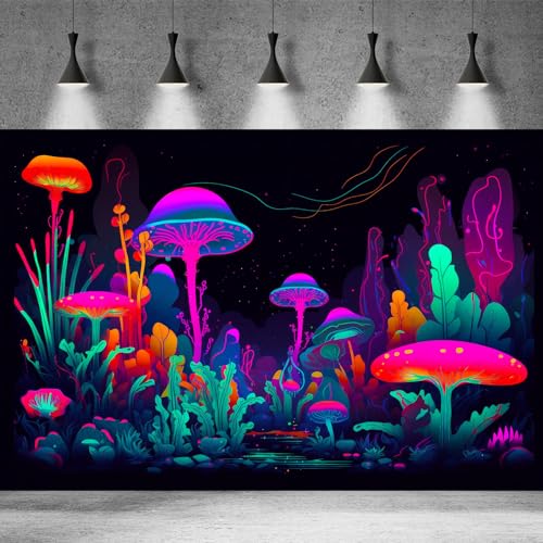 Mushrooms Aquarium Background Mushrooms in Dark Forest with Bright Colors Terrarium Background Tranquil Lake Cartoon Style Aquatic Plants Fish Tank Backdrop Poster Decorations Wallpaper Decor 60x24in (60(W)x24(H)in / Purple Red)
