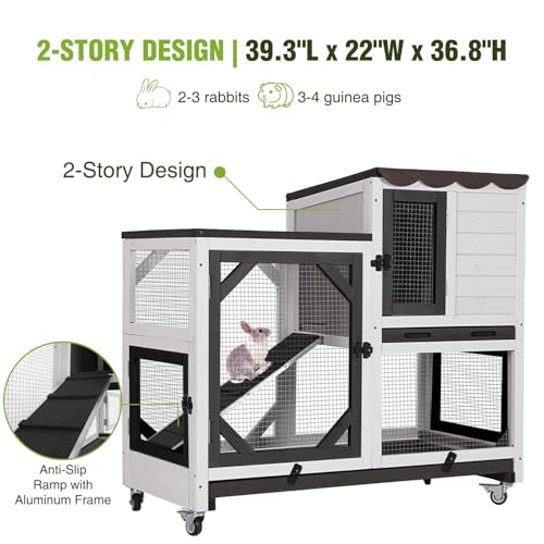 Wooden 2 Story Rabbit Hutch Indoor Outdoor (Black&White / 39.3"L x 22.0"W x 36.8"H)