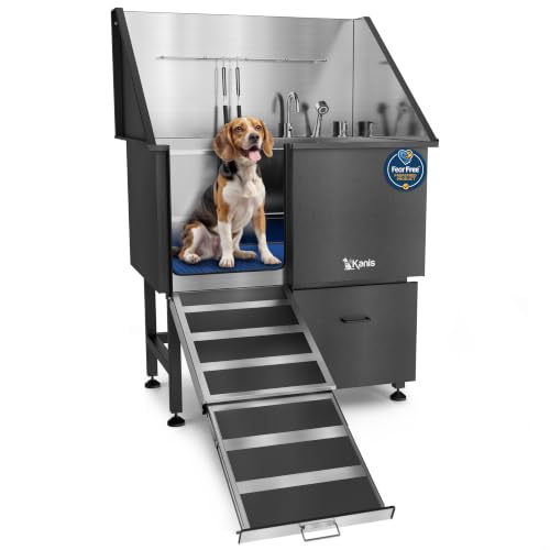 Professional Dog Washing Station 304 Stainless Steel Pet Wash Sink (Black, Left Ramp, 1 Drawer / 40 Inches)