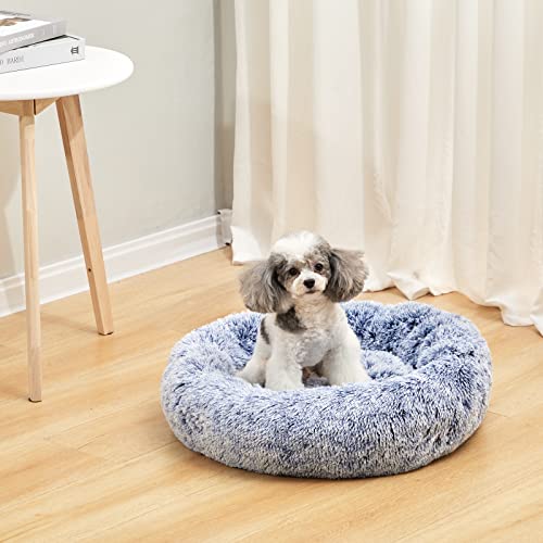 Calming Fluffy Donut Dog Bed for Small Dogs (23.0"L x 23.0"W x 7.0"Th / Navy Blue)