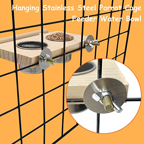 Bird Food Stainless Steel Cups Wooden Perch Stand Hanging Feeder Bowls Feeding and Watering Supplies for Parakeets Conures Cockatiels Budgie Parrot (Large)