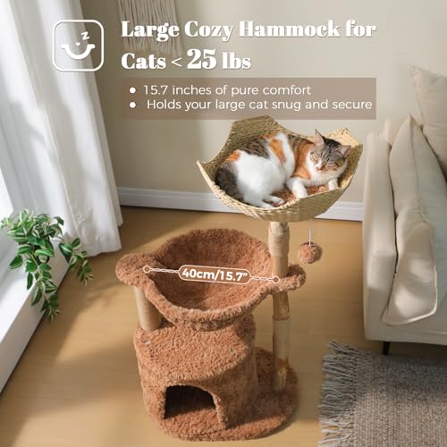 40" Modern Wood Cat Tree with Rattan Basket & Hammock (Brown / 40" Solid Wood Cat Tree)
