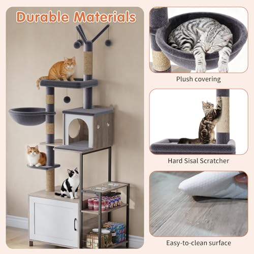 Cat Tree with Food Station and Litter Box Enclosure (Gray)
