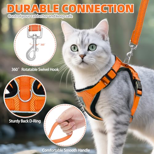 Cat Harness and Leash Set Escape Proof Reflective Cat Walking Harness Adjustable Soft Breathable Mesh Vest for Small Pets (M (NECK 11"-13.7", CHEST 16"-20") / Orange)